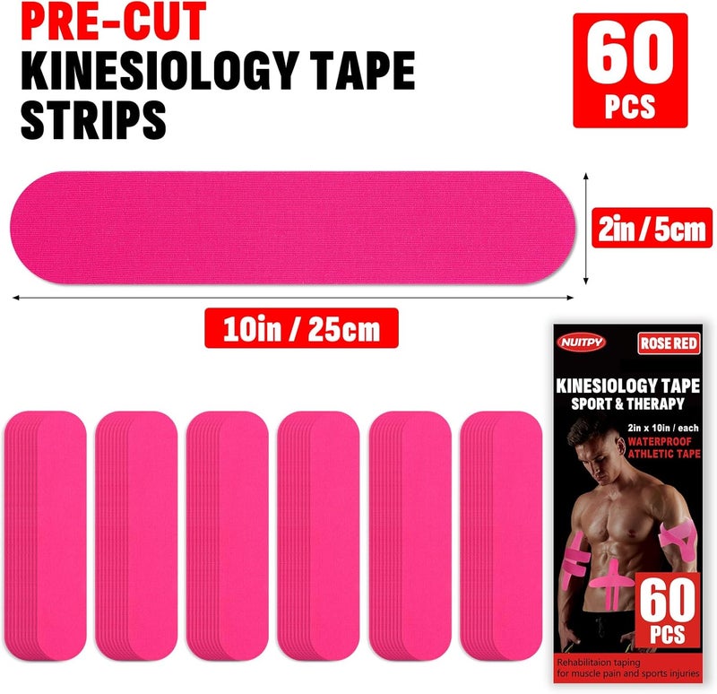 NUITPY 60PCS Precut Kinesiology Tape Strips, 2 inch x 10 inch Athletic Tape, Kinetic Tape, Elastic Muscle Tape, Sports Tape, Knee Tape for Exercise and Daily Use - Rose Red - Image 2